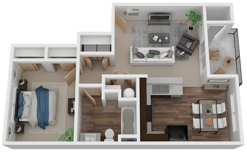 Floor plan for 1 bed, 1 bath, 652 sqft